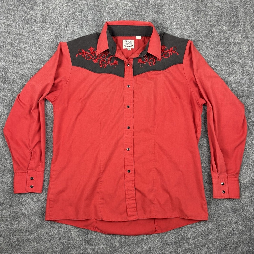 Vintage Ely Country Charmers Women's XL Red & Black Embroidered Snap Long Sleeve